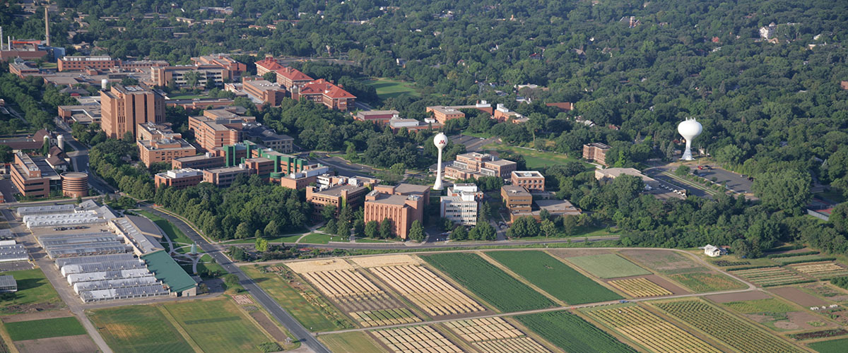 Aerial photo of the St. Paul campus featuring the research fields and water tower