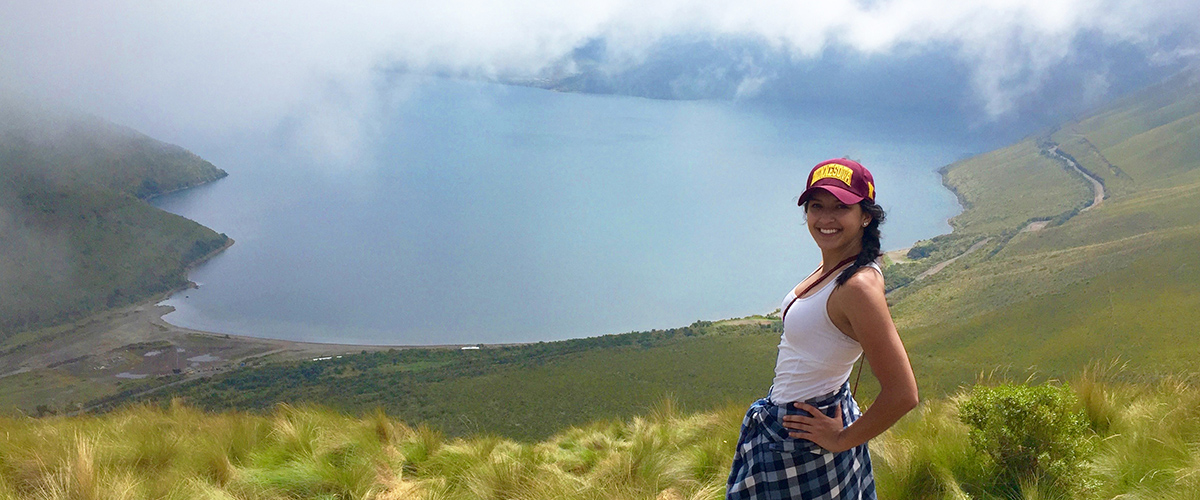 Female student overlooking Laguna Cuicocha in Ecuador