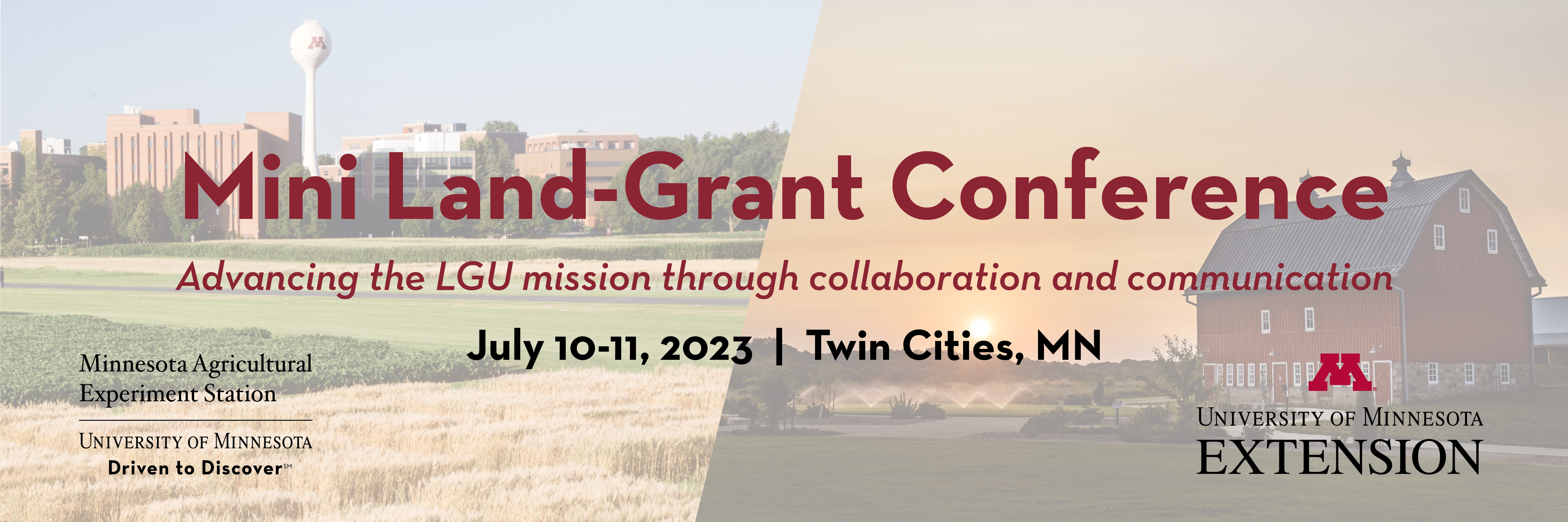 Text that says Mini Land-Grant Conference with photos of fields and a barn in the background