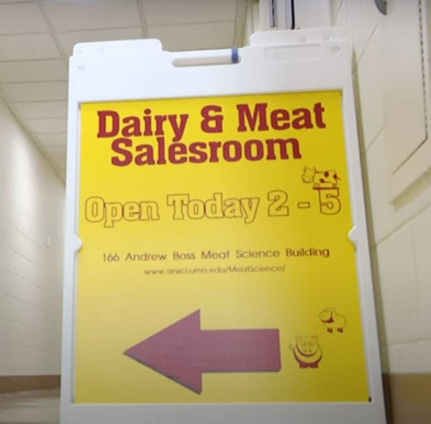 A sign outside the Dairy and Meat Salesroom at the University of Minnesota