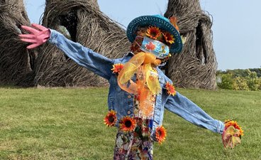 Scarecrow wearing a chamberay shirt and covered in dark orange sunflowers.