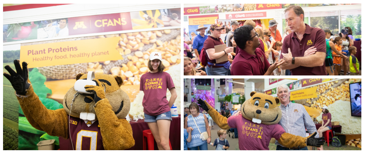 Goldy, Interim President Jeff Ettinger and Dean Brian Buhr visit CFANS at the State Fair
