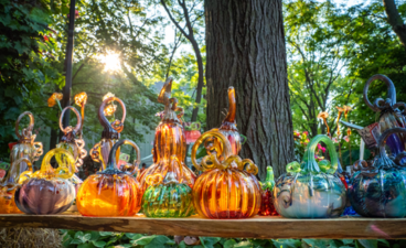 glass pumpkins of a variety of shapes and colors on a table outside at the arb