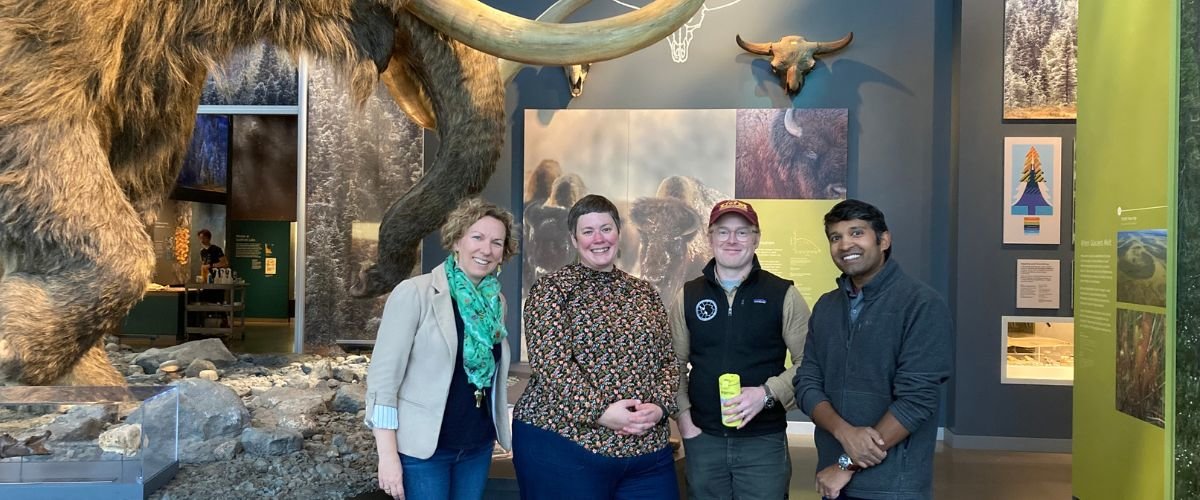 A photo of people standing in front of a wooly mammoth at the Bell Museum