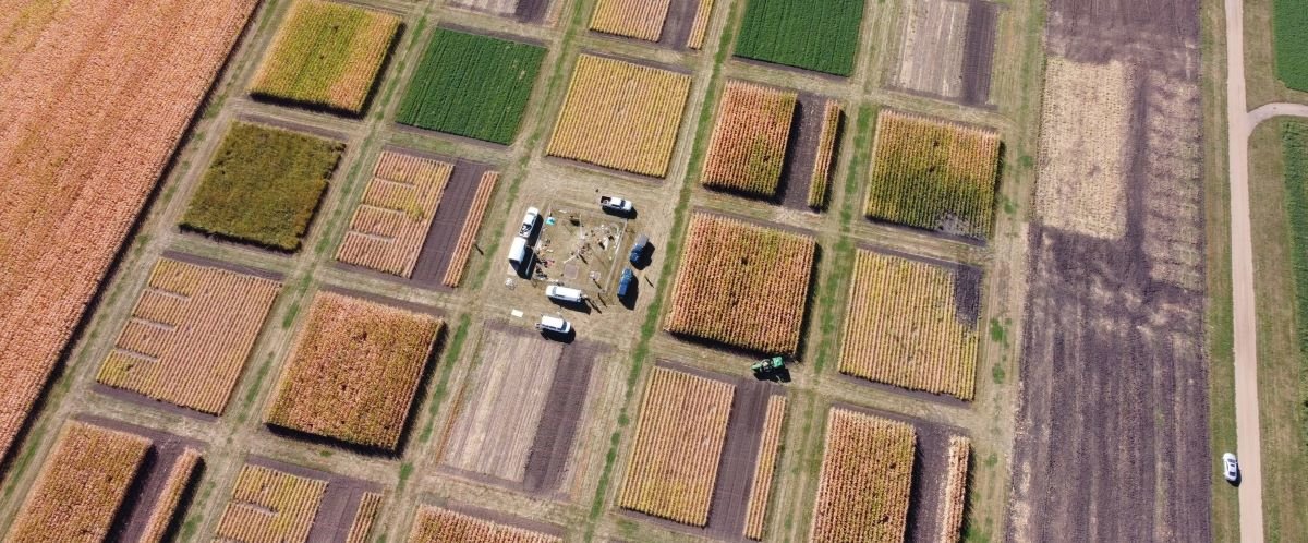 An aerial view of the MAWN installation at SWROC. Research plots in varying shades of green to yellow fill most of the photo.