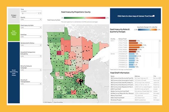 Screenshot of the food security dashboard with a map of the state of Minnesota.