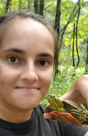 Maya Vellicolungara with a turtle.