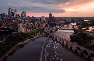 Minneapolis skyline and riverfront.