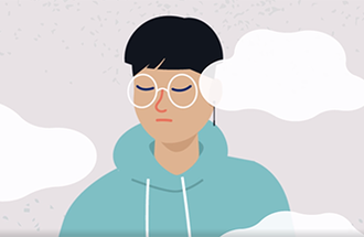 Graphic of a person with closed eyes surrounded by clouds.