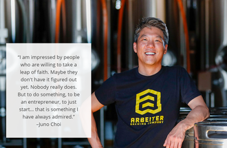 Juno Choi standing inside of Arbeiter Brewing. 