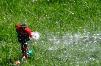 Sprinkler watering a green lawn.