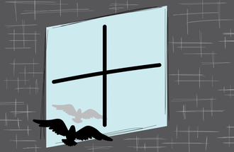 Graphic design of bird in front of window