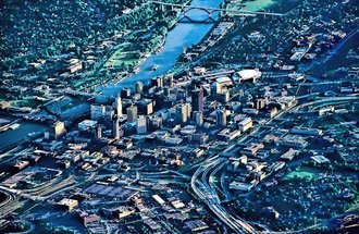 Aerial view of the Mississippi River from downtown St. Paul.