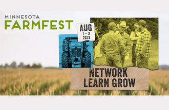 collage image of farm fields, a tractor, and a group of farmers with the words "Minnesota Farmfest" and "Network learn grow"