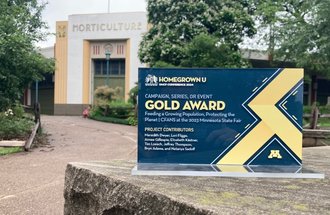 A Gold Award in front of the Agriculture Horticulture building at the Minnesota State Fairgrounds